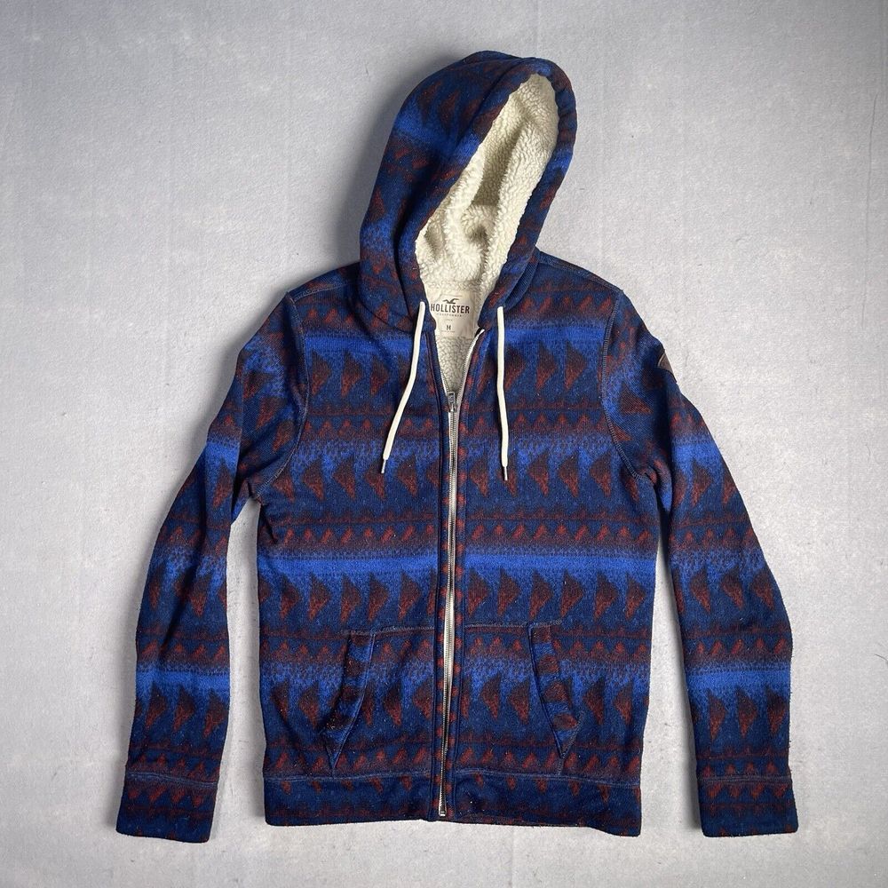 Vintage Hollister Full Zip Hooded Sherpa Sweatshirt Men Medium Aztec 90s Y2K